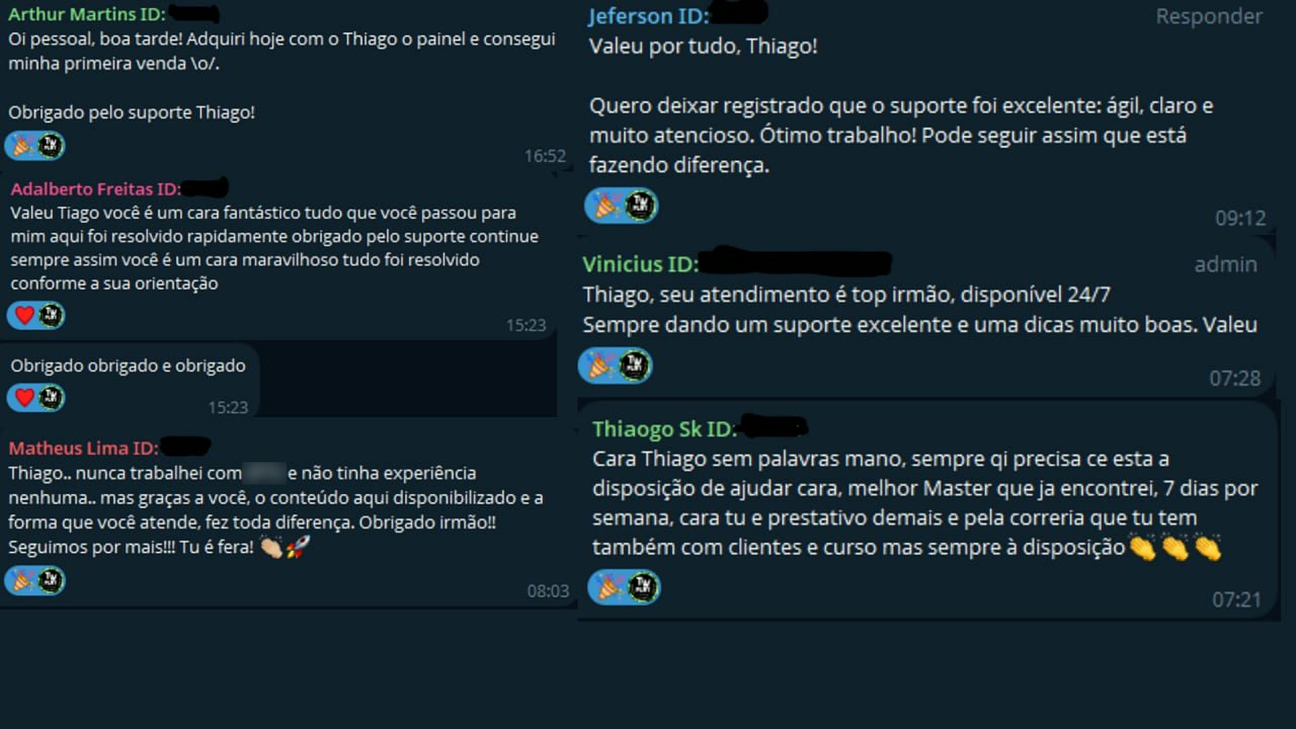 Mensagens reais de alunos agradecendo pelo suporte e comemorando as primeiras vendas após abrir o painel