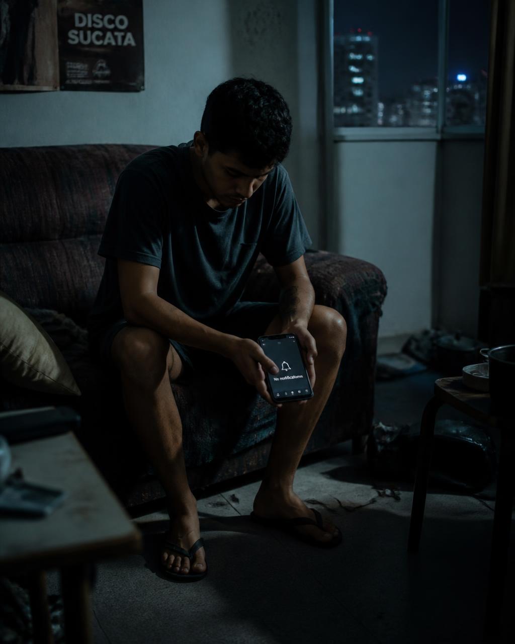 Pessoa desanimada sozinha em casa olhando o celular sem resultados